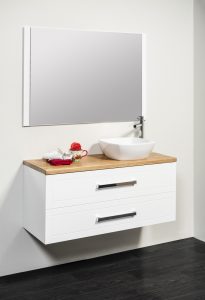 HEIDE 1200 WHITE WALL HUNG CABINET WITH VIC ASH TIMBER TOP & RACHEL BASIN