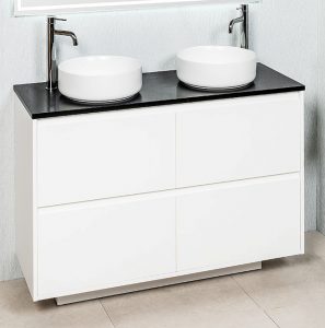 ZENA 1200 MATT WHITE FLOOR/WALL HUNG CABINET , MIDNIGHT BLACK STONE & TONDO MATT WHITE  BASINS