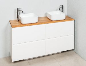 ZENA 1500 MATT WHITE FLOOR/WALL HUNG CABINET ,LIGHT STAIN TIMBER TOP & ARDEN BASINS