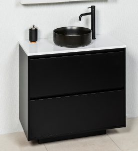 ZENA 900 MATT BLACK FLOOR/WALL HUNG CABINET , ULTRA WHITE STONE & TONDO MATT BLACK  BASIN