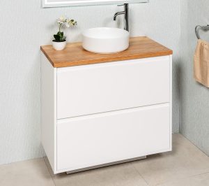 ZENA 900 MATT WHITE FLOOR/WALL HUNG CABINET ,LIGHT STAIN TIMBER TOP & TONDO MATT WHITE BASIN